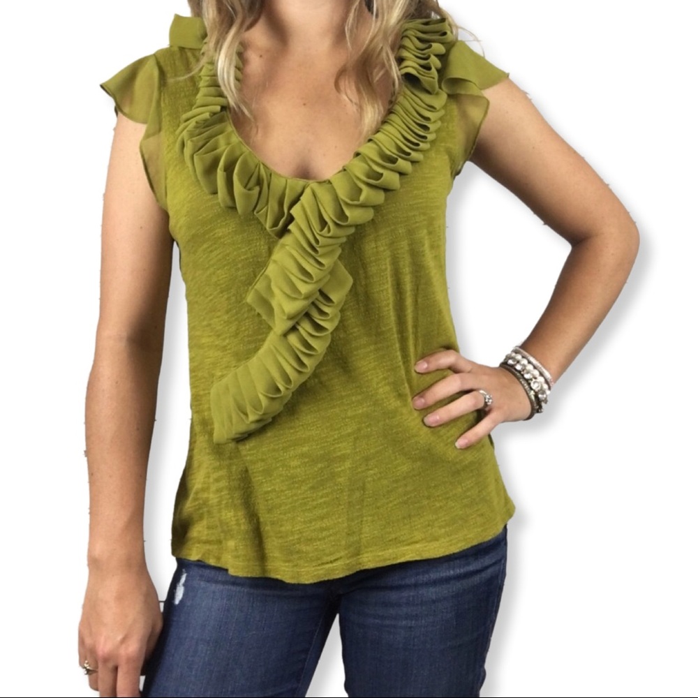 Anthropologie Deletta Medium Green Ruffle Top
